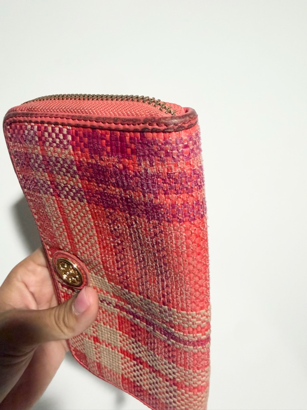 Tory Burch Red Woven Zip Wallet Plaid - Picture 6 of 6